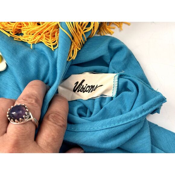 VINTAGE Turquoise Mod Mini Dress GoGo Fringe Daisy Cute Size S 1960's 70's - Picture 5 of 6